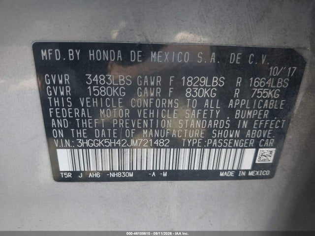 46105615 :رقم المزاد ، 3HGGK5H42JM721482 vin ، 2018 Honda Fit Lx مزاد بيع