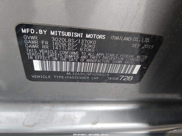 46105617 :رقم المزاد ، ML32A3HJ9FH056018 vin ، 2015 Mitsubishi Mirage De مزاد بيع