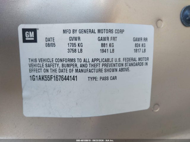 Продаж на аукціоні авто 2006 Chevrolet Cobalt Ls, vin: 1G1AK55F167644141, номер лоту: 46105619
