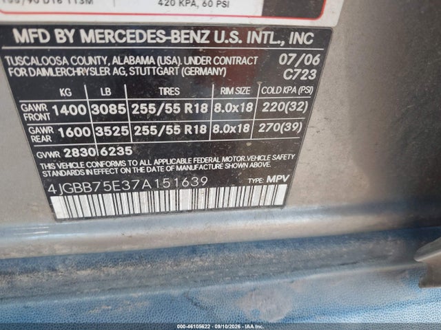 Продаж на аукціоні авто 2007 Mercedes-benz Ml 500 4matic, vin: 4JGBB75E37A151639, номер лоту: 46105622