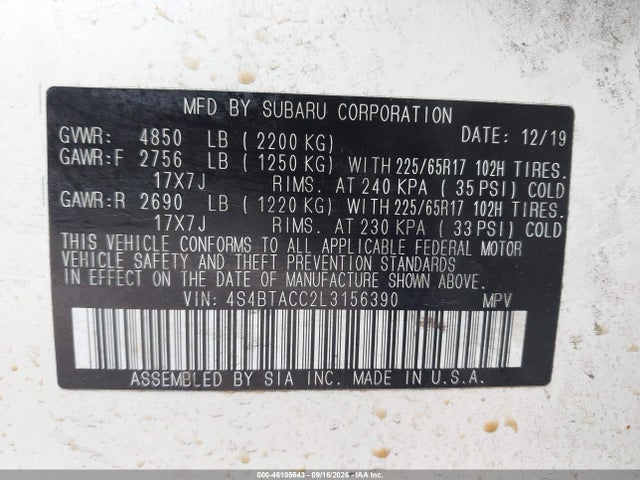 46105643 :رقم المزاد ، 4S4BTACC2L3156390 vin ، 2020 Subaru Outback Premium مزاد بيع