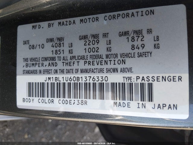 Aukcja sprzedaży 2011 Mazda Mazda3 S Sport, vin: JM1BL1U60B1376330, numer aukcji: 46105660