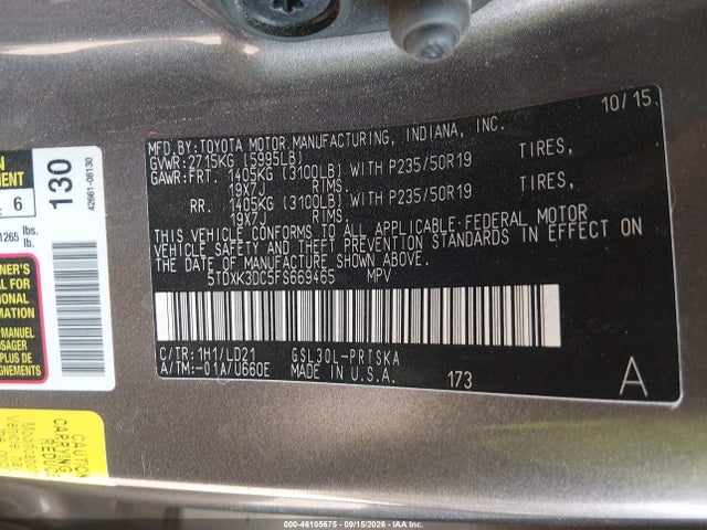 Aukcja sprzedaży 2015 Toyota Sienna Se Premium 8 Passenger, vin: 5TDXK3DC5FS669465, numer aukcji: 46105675