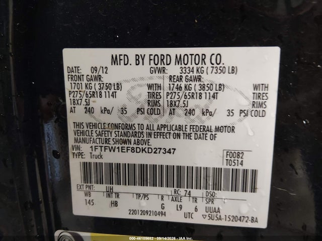 Aukcja sprzedaży 2013 Ford F-150 Lariat, vin: 1FTFW1EF8DKD27347, numer aukcji: 46105682