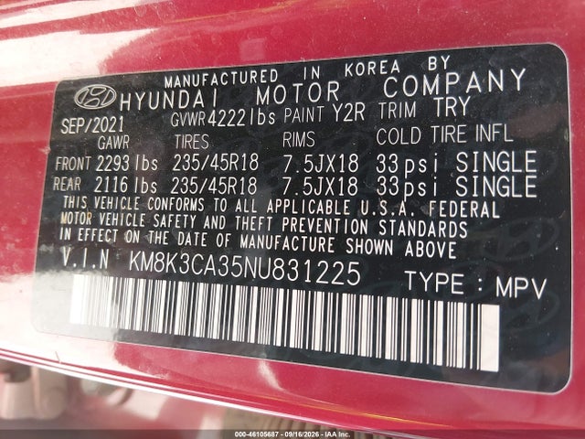 Aukcja sprzedaży 2022 Hyundai Kona N Line, vin: KM8K3CA35NU831225, numer aukcji: 46105687