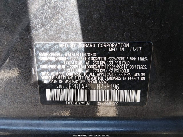 46105692 :رقم المزاد ، JF2GTABC1JH255196 vin ، 2018 Subaru Crosstrek 2.0i Premium مزاد بيع