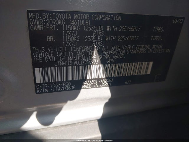 46105708 :رقم المزاد ، JTMH1RFV0LD056993 vin ، 2020 Toyota Rav4 Le مزاد بيع