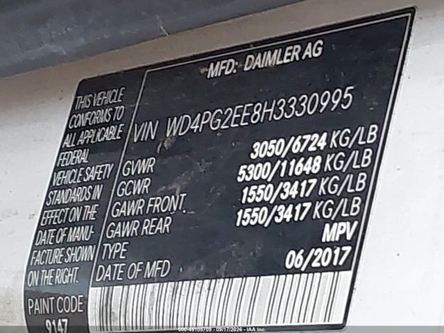 46105709 :رقم المزاد ، WD4PG2EE8H3330995 vin ، 2017 Mercedes-benz Metris مزاد بيع