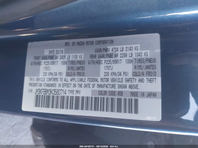 46105721 :رقم المزاد ، JM3KFBBM3K0580714 vin ، 2019 Mazda Cx-5 Sport مزاد بيع