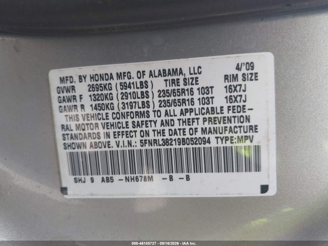 46105727 :رقم المزاد ، 5FNRL38219B052094 vin ، 2009 Honda Odyssey Lx مزاد بيع