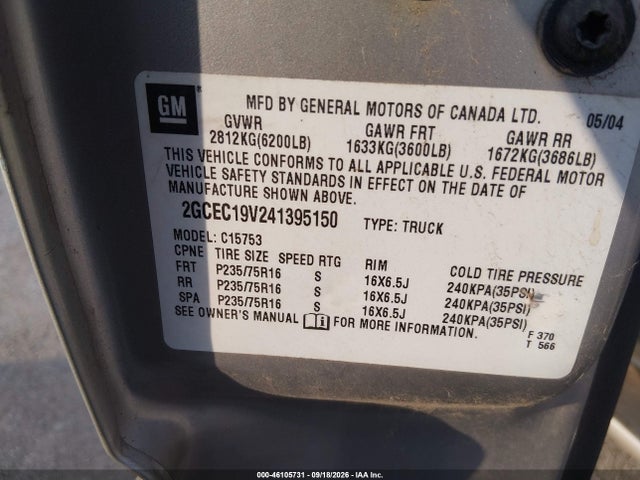 2004 Chevrolet Silverado 1500 Ls მანქანა იყიდება აუქციონზე, vin: 2GCEC19V241395150, აუქციონის ნომერი: 46105731