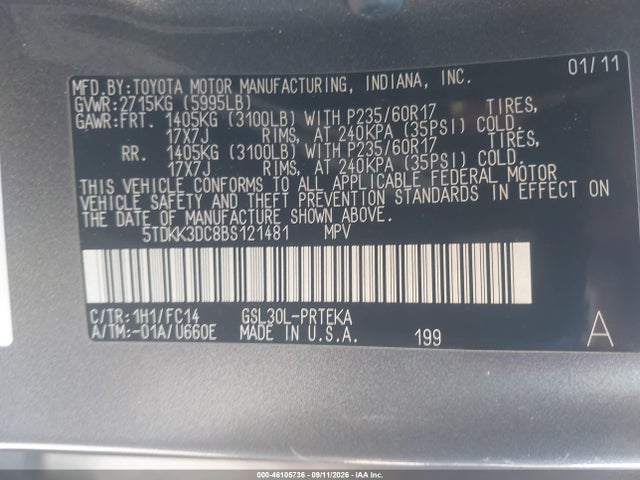 Aukcja sprzedaży 2011 Toyota Sienna Le V6, vin: 5TDKK3DC8BS121481, numer aukcji: 46105736