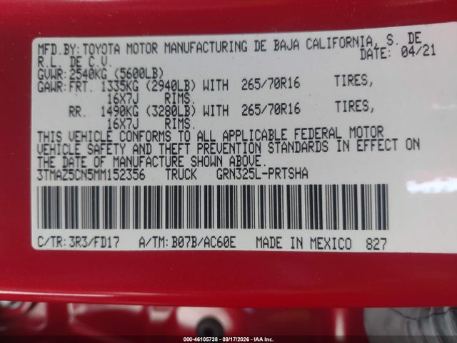 46105738 :رقم المزاد ، 3TMAZ5CN5MM152356 vin ، 2021 Toyota Tacoma Trd Off-road مزاد بيع