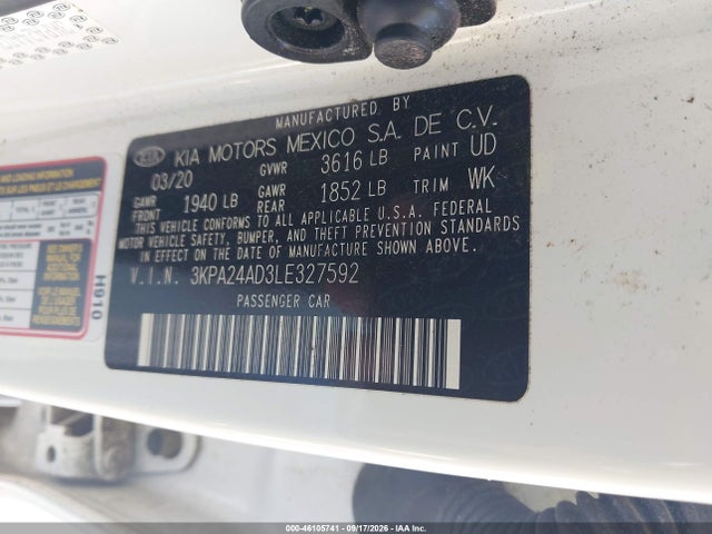 2020 Kia Rio S მანქანა იყიდება აუქციონზე, vin: 3KPA24AD3LE327592, აუქციონის ნომერი: 46105741