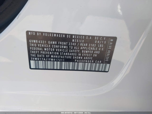2015 Volkswagen Jetta 1.8t Se მანქანა იყიდება აუქციონზე, vin: 3VWD17AJ1FM417211, აუქციონის ნომერი: 46105742