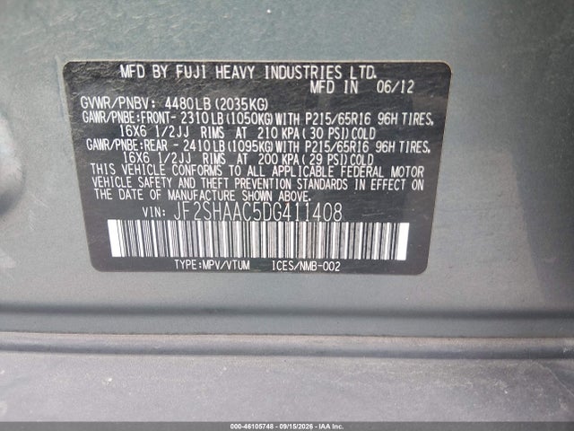 Aukcja sprzedaży 2013 Subaru Forester 2.5x, vin: JF2SHAAC5DG411408, numer aukcji: 46105748