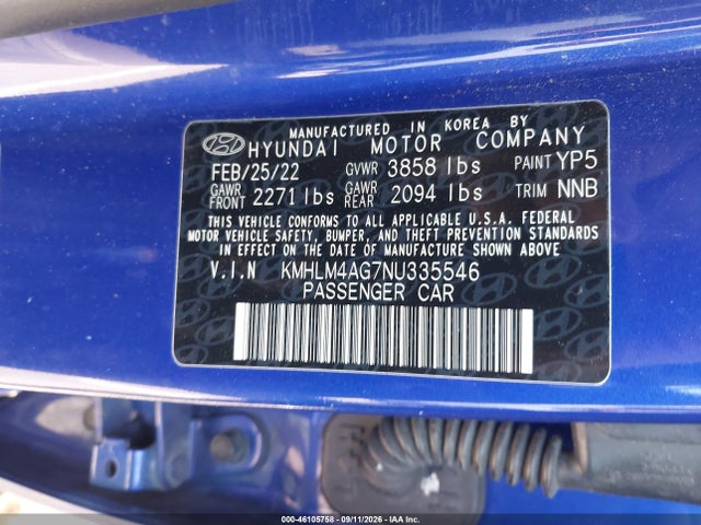 KMHLM4AG7NU335546 Hyundai ELANTRA SEL