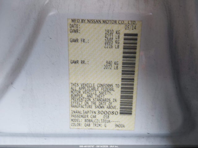 46105767 :رقم المزاد ، 1N4AL3AP7FN300080 vin ، 2015 Nissan Altima 2.5/2.5 S/2.5 Sl/2.5 Sv مزاد بيع
