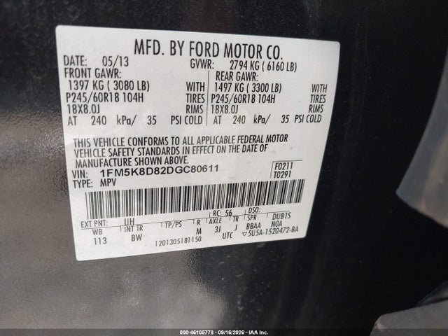 46105778 :رقم المزاد ، 1FM5K8D82DGC80611 vin ، 2013 Ford Explorer Xlt مزاد بيع