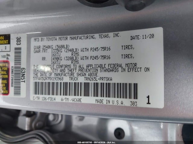 Aukcja sprzedaży 2021 Toyota Tacoma Sr, vin: 5TFAX5GN7MX193968, numer aukcji: 46105780
