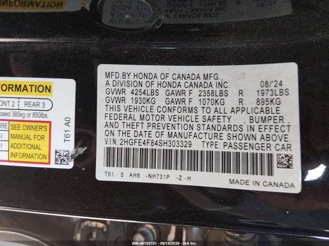 Продаж на аукціоні авто 2025 Honda Civic Hybrid Sport/sport Touring, vin: 2HGFE4F84SH303329, номер лоту: 46105781