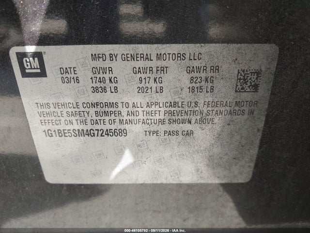Aukcja sprzedaży 2016 Chevrolet Cruze Lt Auto, vin: 1G1BE5SM4G7245689, numer aukcji: 46105792