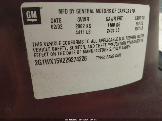 46105812 :رقم المزاد ، 2G1WX15K229274226 vin ، 2002 Chevrolet Monte Carlo Ss مزاد بيع
