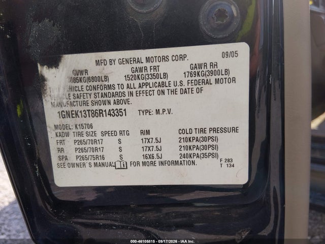 46105815 :رقم المزاد ، 1GNEK13T86R143351 vin ، 2006 Chevrolet Tahoe Z71 مزاد بيع