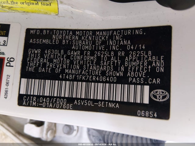 2014 Toyota Camry Le მანქანა იყიდება აუქციონზე, vin: 4T4BF1FK7ER406400, აუქციონის ნომერი: 46105816
