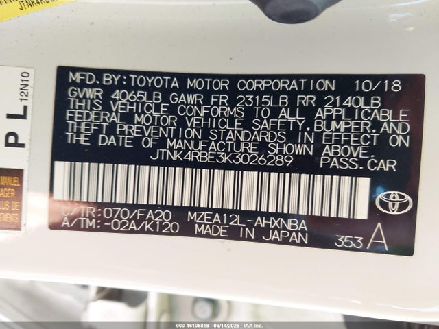 46105819 :رقم المزاد ، JTNK4RBE3K3026289 vin ، 2019 Toyota Corolla Se مزاد بيع