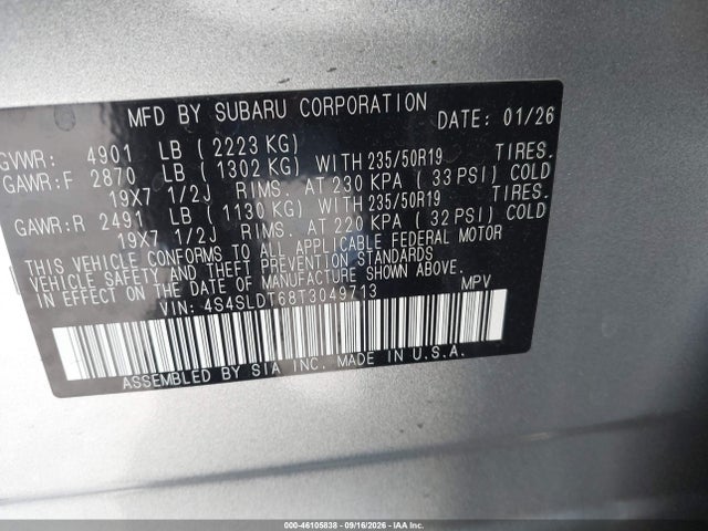 2026 Subaru Forester Touring მანქანა იყიდება აუქციონზე, vin: 4S4SLDT68T3049713, აუქციონის ნომერი: 46105838
