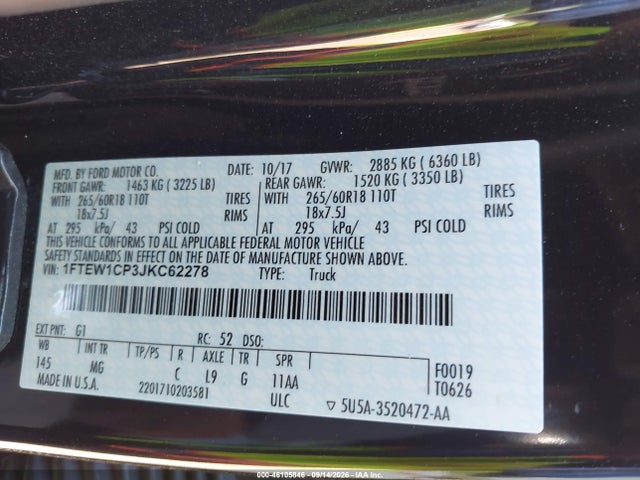 2018 Ford F-150 Xlt მანქანა იყიდება აუქციონზე, vin: 1FTEW1CP3JKC62278, აუქციონის ნომერი: 46105846