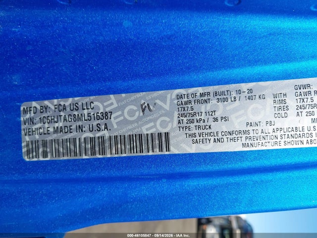 2021 Jeep Gladiator Sport S 4x4 მანქანა იყიდება აუქციონზე, vin: 1C6HJTAG8ML516387, აუქციონის ნომერი: 46105847