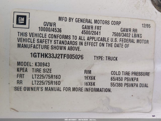 1996 Gmc Sierra K3500 მანქანა იყიდება აუქციონზე, vin: 1GTHK33J2TF005026, აუქციონის ნომერი: 46105851