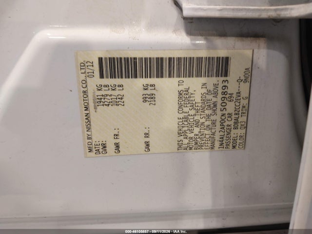 Продажа на аукционе авто 2012 Nissan Altima 2.5 S, vin: 1N4AL2AP0CN509893, номер лота: 46105857