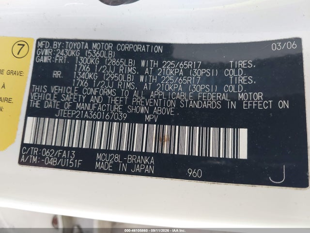 Продаж на аукціоні авто 2006 Toyota Highlander Sport V6, vin: JTEEP21A360167039, номер лоту: 46105860