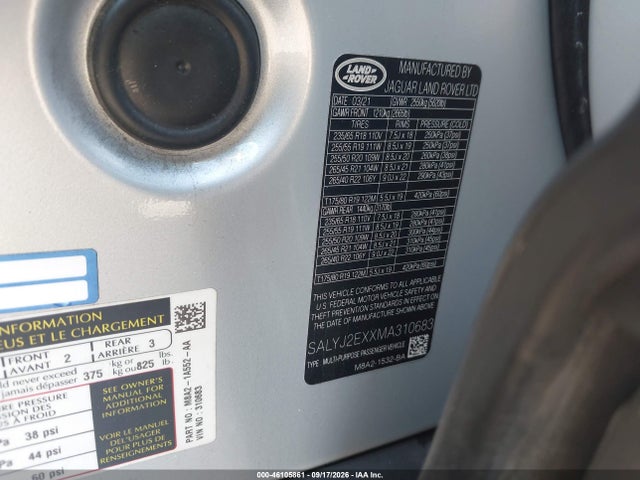 Aukcja sprzedaży 2021 Land Rover Range Rover Velar P250 S, vin: SALYJ2EXXMA310683, numer aukcji: 46105861