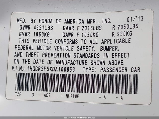 2013 Honda Accord Sport მანქანა იყიდება აუქციონზე, vin: 1HGCR2F5XDA100853, აუქციონის ნომერი: 46105868