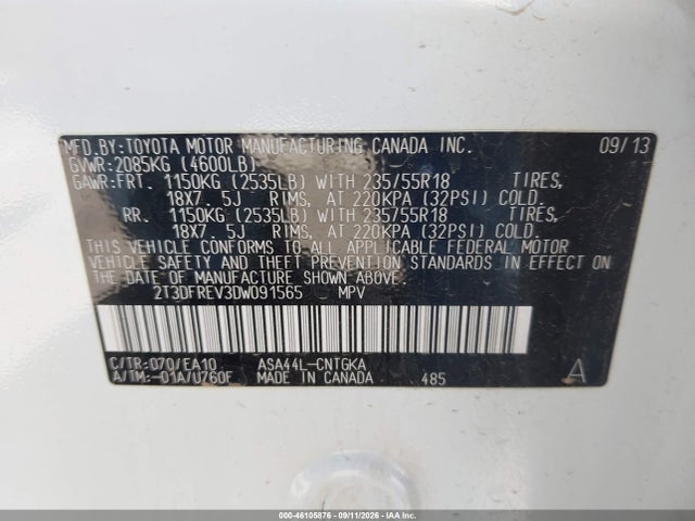 46105876 :رقم المزاد ، 2T3DFREV3DW091565 vin ، 2013 Toyota Rav4 Limited مزاد بيع