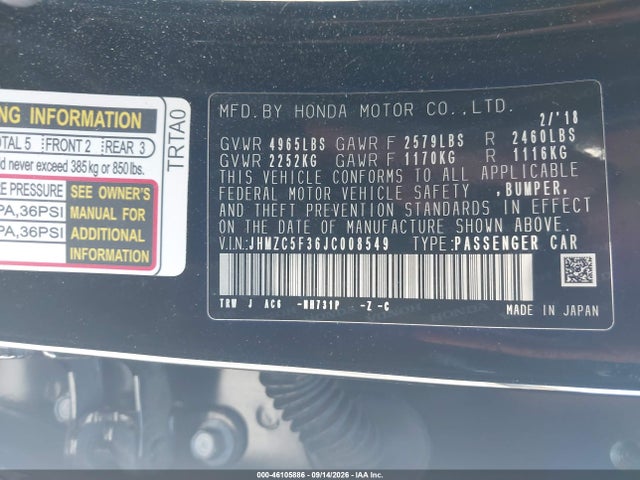 46105886 :رقم المزاد ، JHMZC5F36JC008549 vin ، 2018 Honda Clarity Plug-in Hybrid Touring مزاد بيع