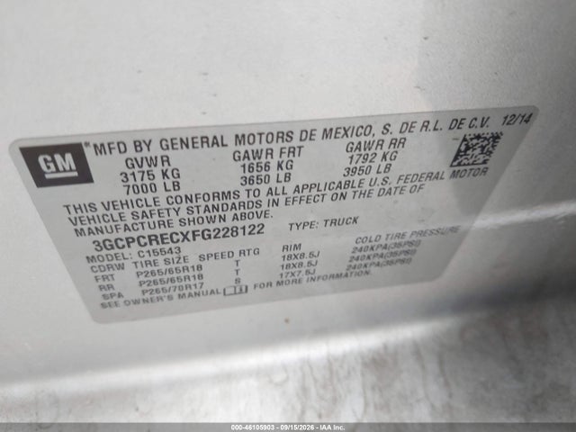 Aukcja sprzedaży 2015 Chevrolet Silverado 1500 1lt, vin: 3GCPCRECXFG228122, numer aukcji: 46105903