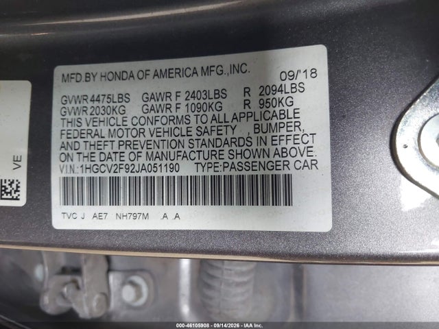 Продажа на аукционе авто 2018 Honda Accord Touring 2.0t, vin: 1HGCV2F92JA051190, номер лота: 46105908