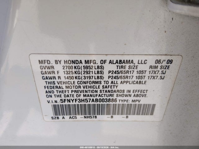 Продажа на аукционе авто 2010 Honda Pilot Ex-l, vin: 5FNYF3H57AB003886, номер лота: 46105910