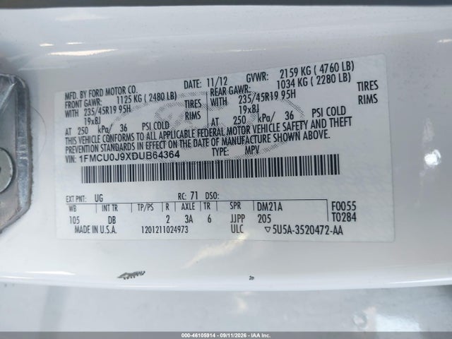 46105914 :رقم المزاد ، 1FMCU0J9XDUB64364 vin ، 2013 Ford Escape Titanium مزاد بيع