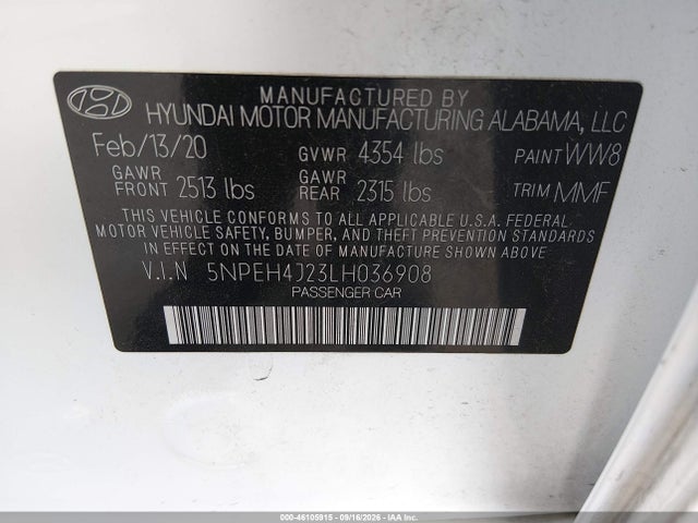 Aukcja sprzedaży 2020 Hyundai Sonata Limited, vin: 5NPEH4J23LH036908, numer aukcji: 46105915