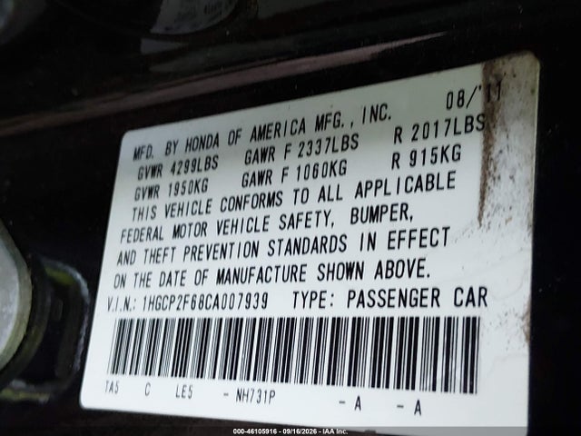 2012 Honda Accord 2.4 Se მანქანა იყიდება აუქციონზე, vin: 1HGCP2F68CA007939, აუქციონის ნომერი: 46105916