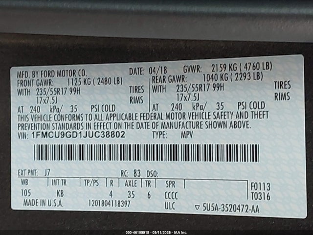 2018 Ford Escape Se მანქანა იყიდება აუქციონზე, vin: 1FMCU9GD1JUC38802, აუქციონის ნომერი: 46105918