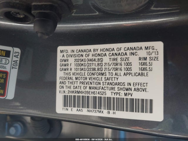 46105936 :رقم المزاد ، 2HKRM4H39EH614525 vin ، 2014 Honda Cr-v Lx مزاد بيع