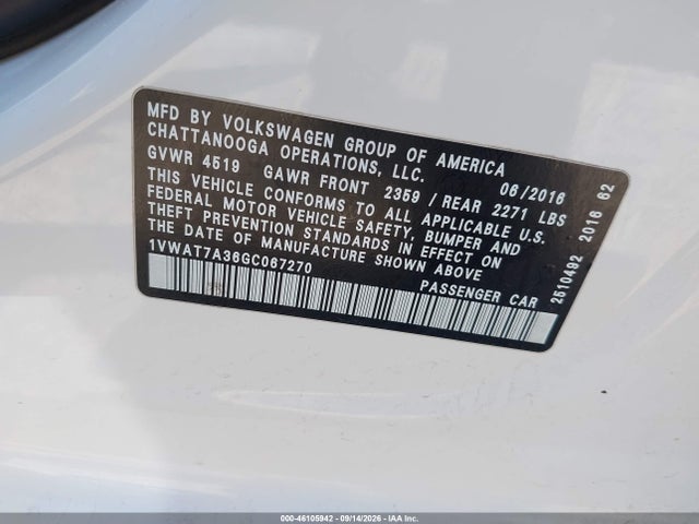 46105942 :رقم المزاد ، 1VWAT7A36GC067270 vin ، 2016 Volkswagen Passat 1.8t R-line مزاد بيع