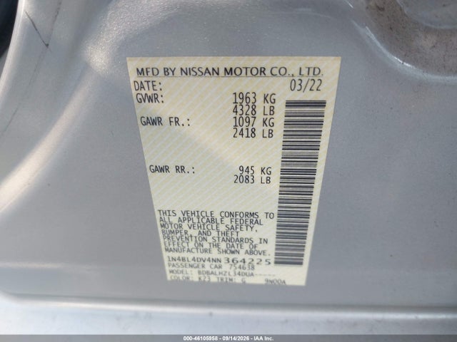2022 Nissan Altima Sv Fwd მანქანა იყიდება აუქციონზე, vin: 1N4BL4DV4NN364225, აუქციონის ნომერი: 46105958